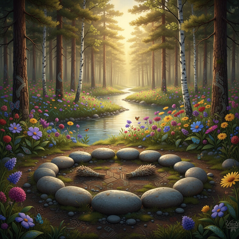 Trauma informed therapy scene with a forest with flowers