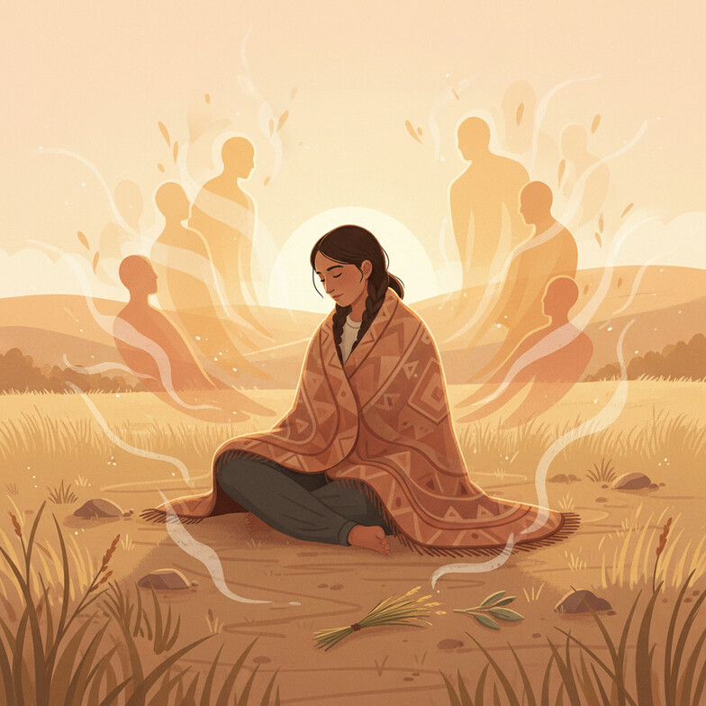a person on the land at sunrise, gentle prairie landscape, subtle presence of medicines and supportive ancestors/community, without any nation-specific regalia or symbols