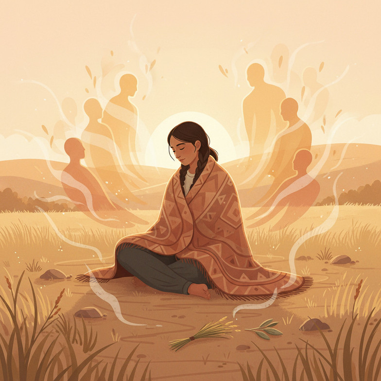 a person on the land at sunrise, gentle prairie landscape, subtle presence of medicines and supportive ancestors/community, without any nation-specific regalia or symbols