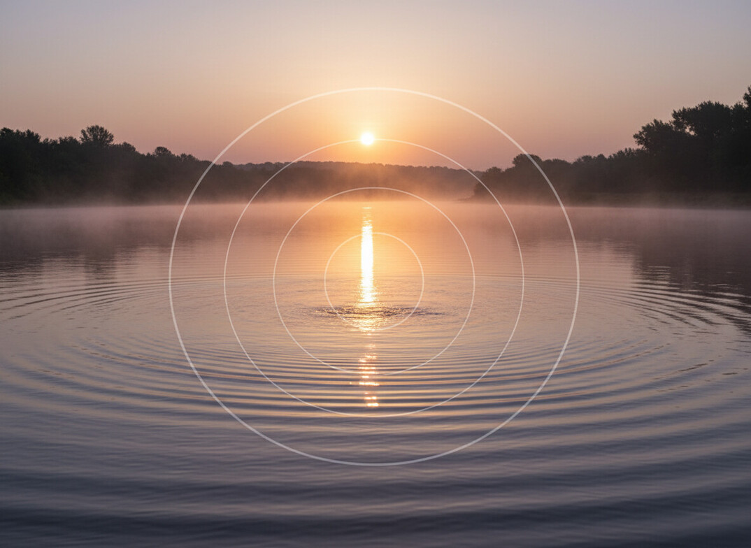 Soothing sunset river scene with gentle ripples and mist, representing balanced healing of spirit and nervous system.
